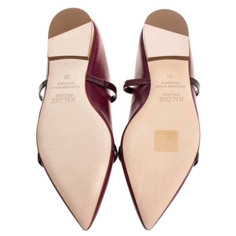 Pre Owned Malone Souliers Burgundy Leather and Patent Leather Trim Maureen Pointed Toe Flats Size 35