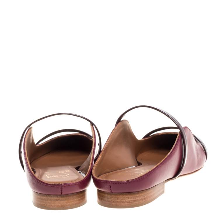 Pre Owned Malone Souliers Burgundy Leather and Patent Leather Trim Maureen Pointed Toe Flats Size 35