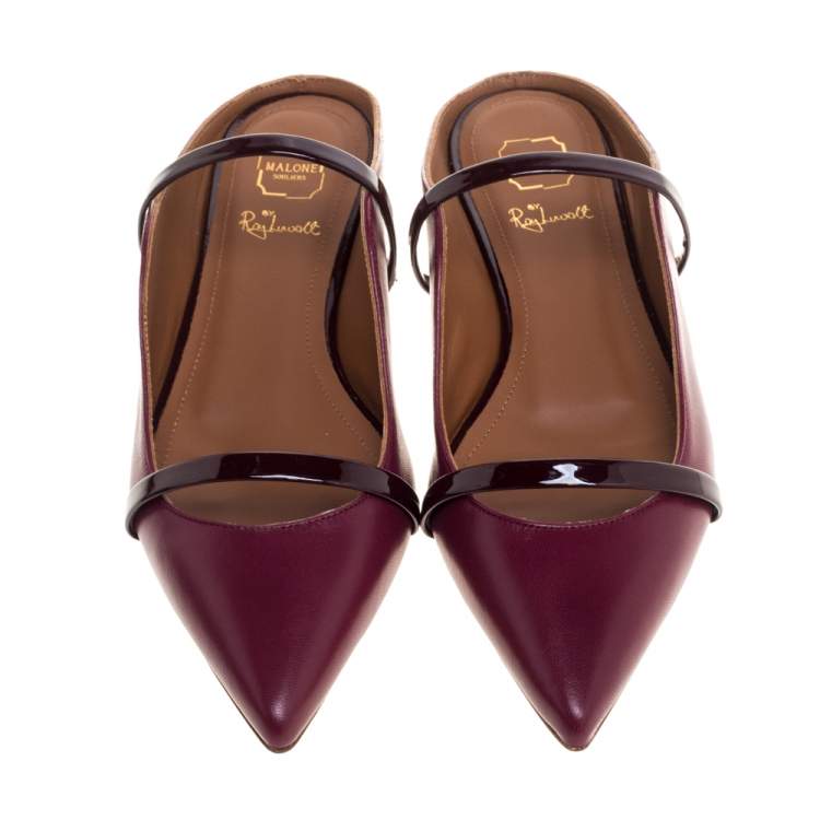 Pre Owned Malone Souliers Burgundy Leather and Patent Leather Trim Maureen Pointed Toe Flats Size 35