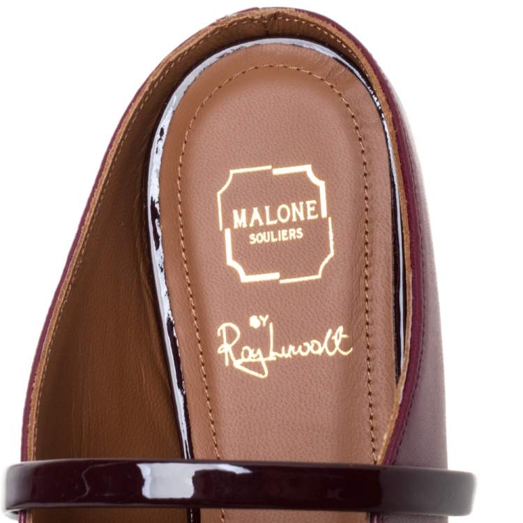Pre Owned Malone Souliers Burgundy Leather and Patent Leather Trim Maureen Pointed Toe Flats Size 35