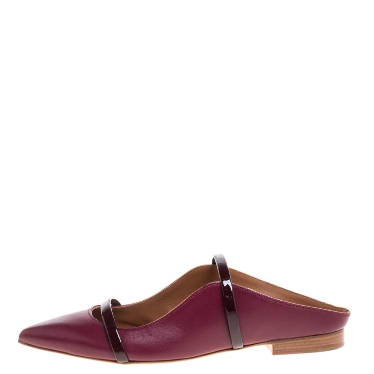 Pre Owned Malone Souliers Burgundy Leather and Patent Leather Trim Maureen Pointed Toe Flats Size 35