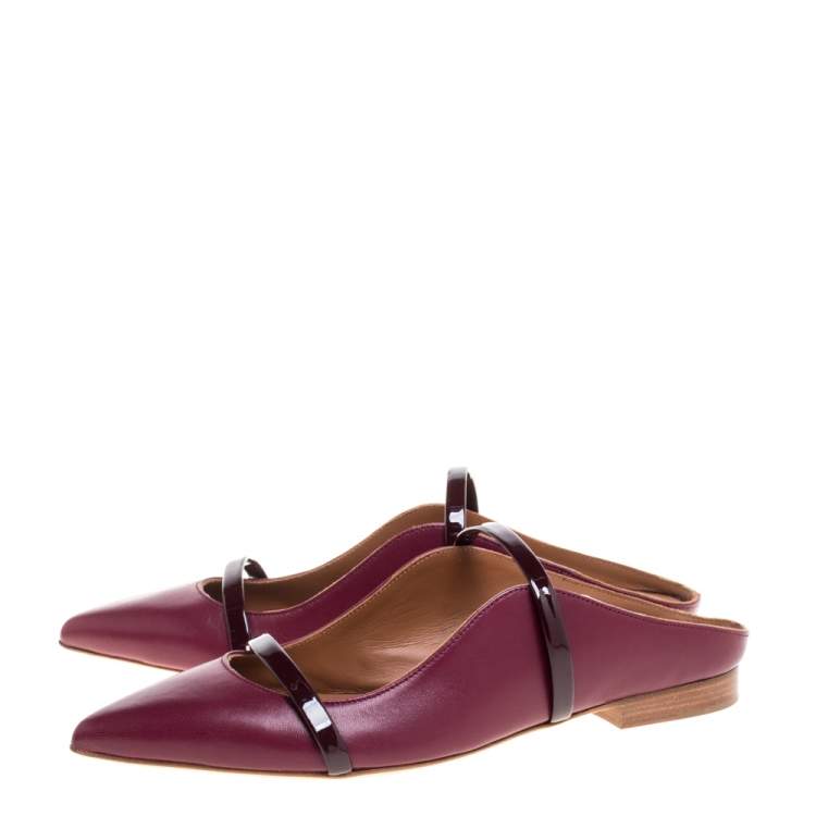 Pre Owned Malone Souliers Burgundy Leather and Patent Leather Trim Maureen Pointed Toe Flats Size 35