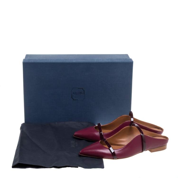 Pre Owned Malone Souliers Burgundy Leather and Patent Leather Trim Maureen Pointed Toe Flats Size 35
