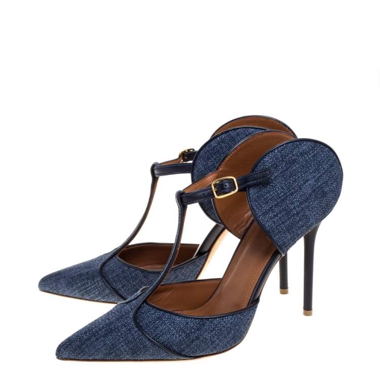 Pre Owned Malone Souliers Blue Canvas And Leather Trim Imogen Pumps Size 40