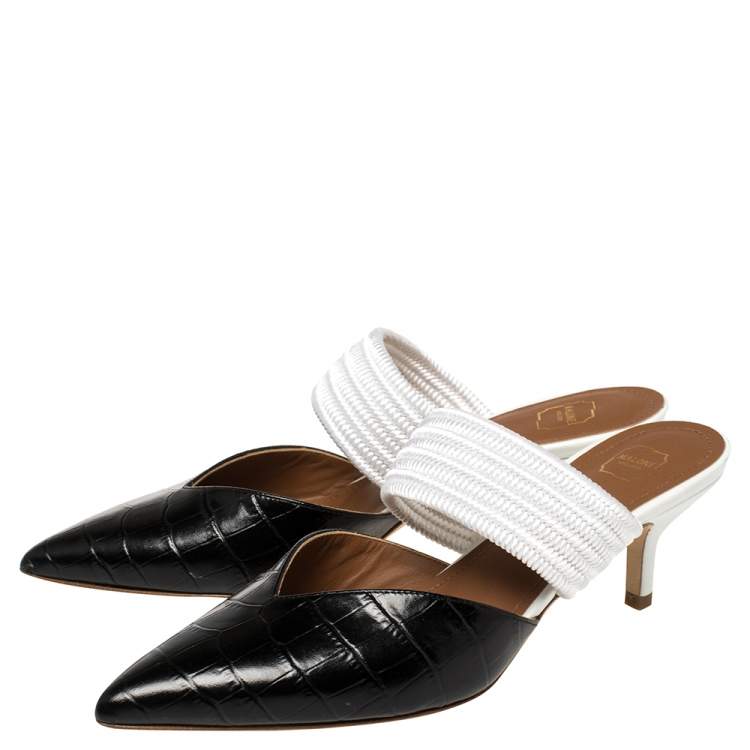 Pre Owned Malone Souliers Black/White Croc Embossed Leather and Cord Maisie Pointed Toe Mules Size 36