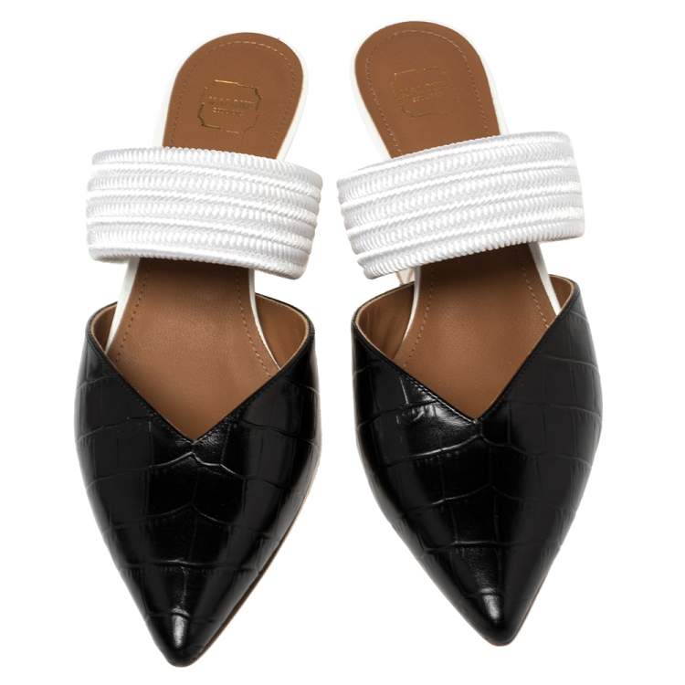 Pre Owned Malone Souliers Black/White Croc Embossed Leather and Cord Maisie Pointed Toe Mules Size 36