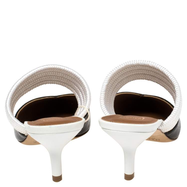 Pre Owned Malone Souliers Black/White Croc Embossed Leather and Cord Maisie Pointed Toe Mules Size 36