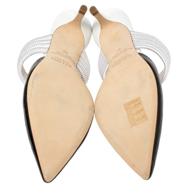 Pre Owned Malone Souliers Black/White Croc Embossed Leather and Cord Maisie Pointed Toe Mules Size 36