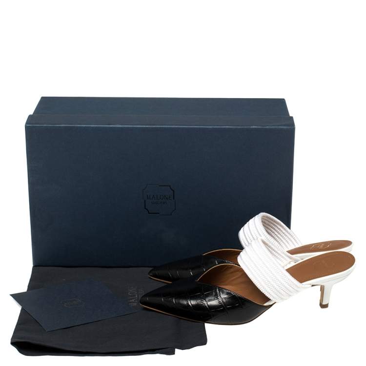 Pre Owned Malone Souliers Black/White Croc Embossed Leather and Cord Maisie Pointed Toe Mules Size 36
