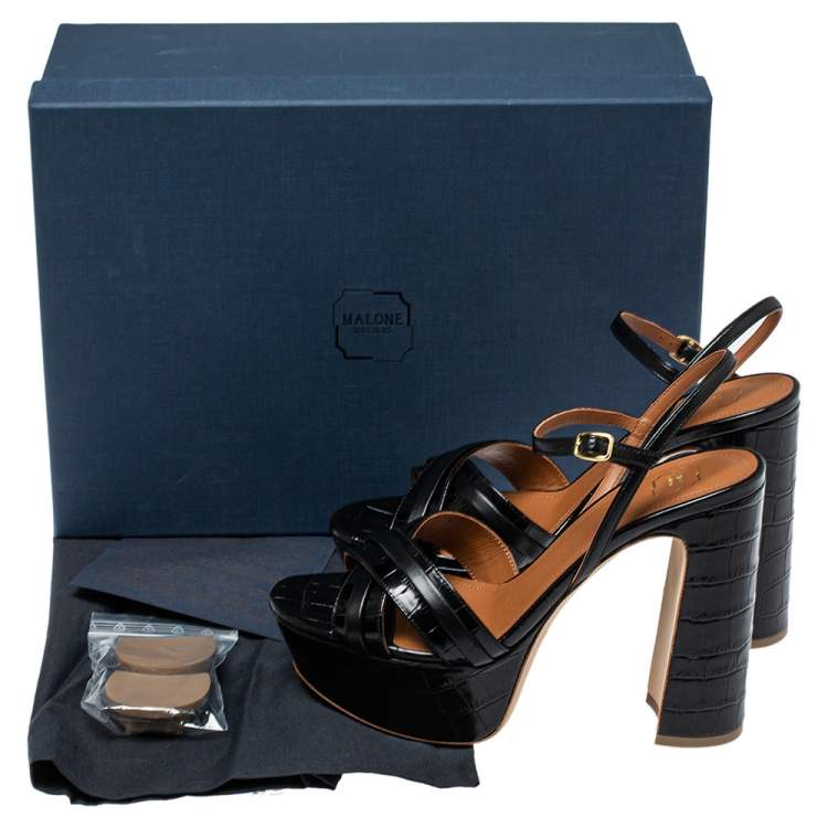 Pre Owned Malone Souliers Black Croc Embossed Leather Mila Ankle Strap Platform Sandals Size 37.5