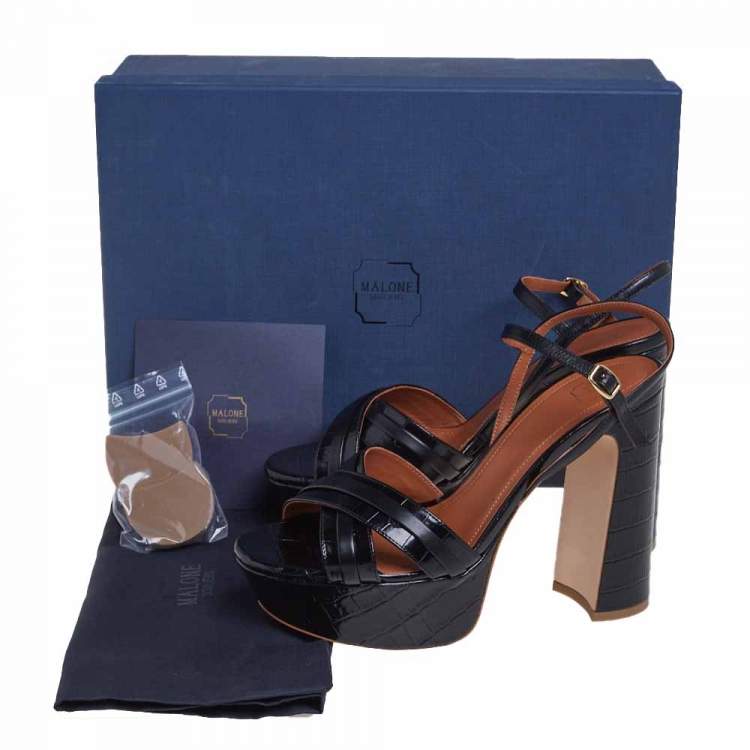 Pre Owned Malone Souliers Black Croc Embossed Leather Mila Ankle Strap Sandals Size 38