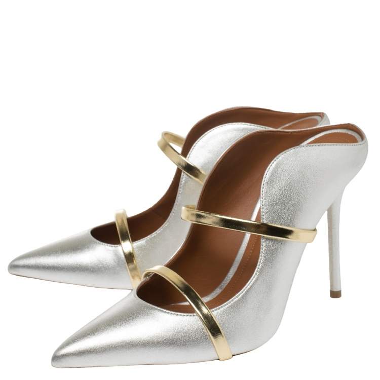 Pre Owned Malone Souliers Metallic Silver/Gold Leather Maureen Mule Pumps Size 38.5