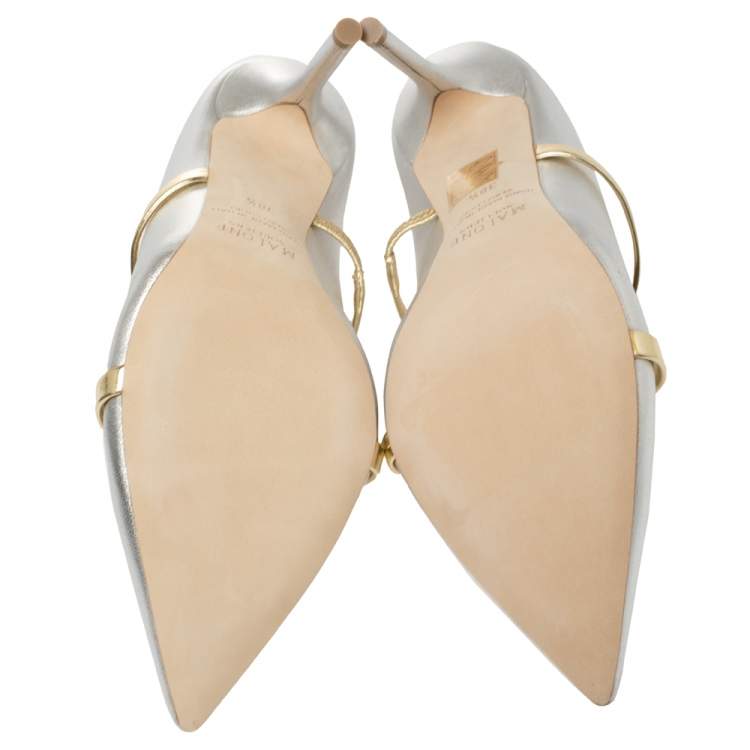 Pre Owned Malone Souliers Metallic Silver/Gold Leather Maureen Mule Pumps Size 38.5