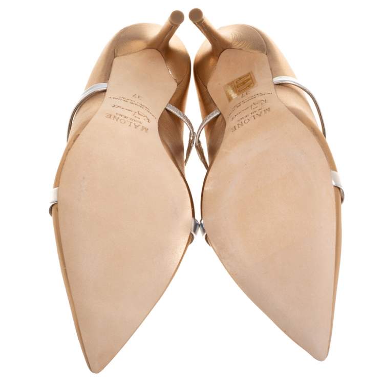 Pre Owned Malone Souliers Gold/Silver Leather Maureen Pointed Toe Mules Size 37