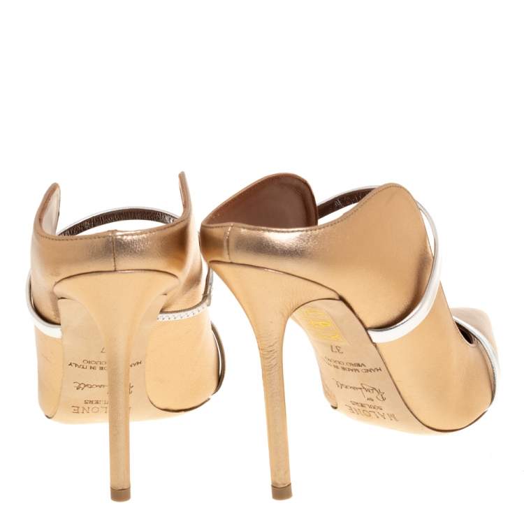 Pre Owned Malone Souliers Gold/Silver Leather Maureen Pointed Toe Mules Size 37