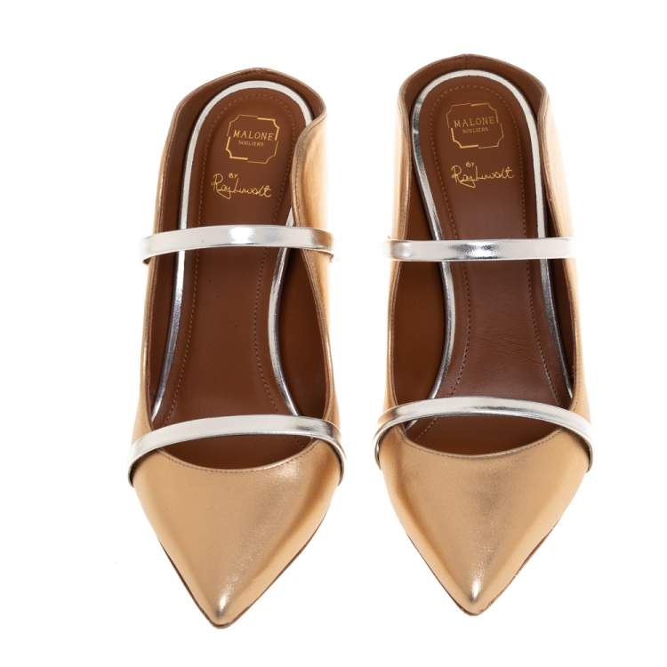 Pre Owned Malone Souliers Gold/Silver Leather Maureen Pointed Toe Mules Size 37