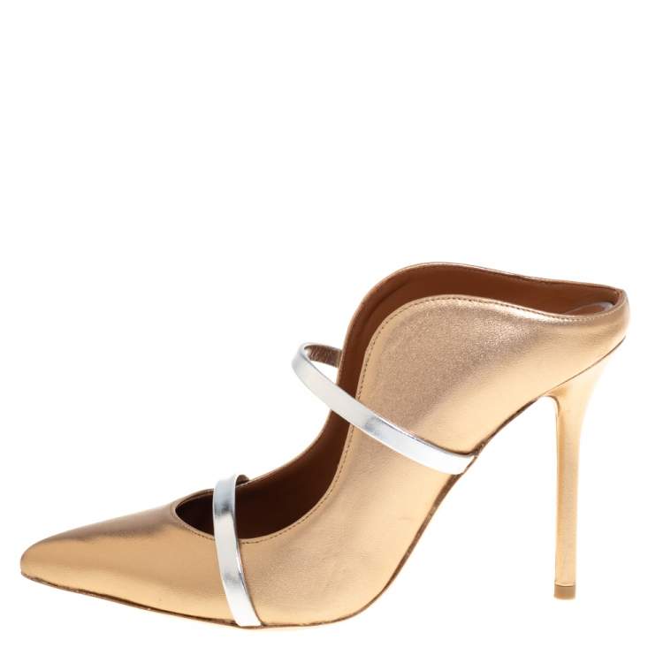 Pre Owned Malone Souliers Gold/Silver Leather Maureen Pointed Toe Mules Size 37