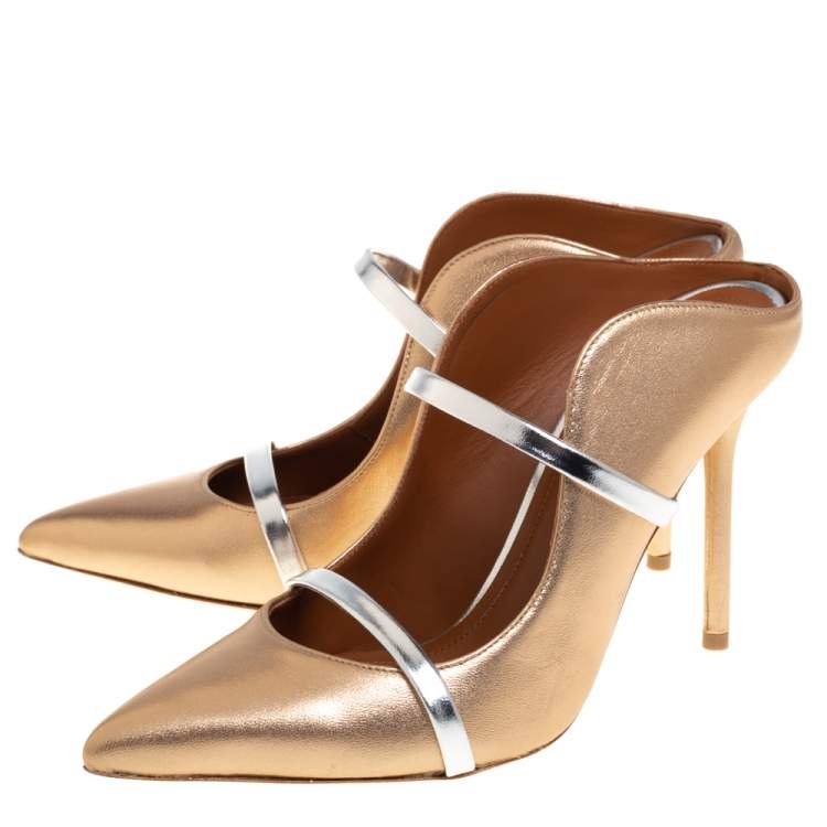 Pre Owned Malone Souliers Gold/Silver Leather Maureen Pointed Toe Mules Size 37