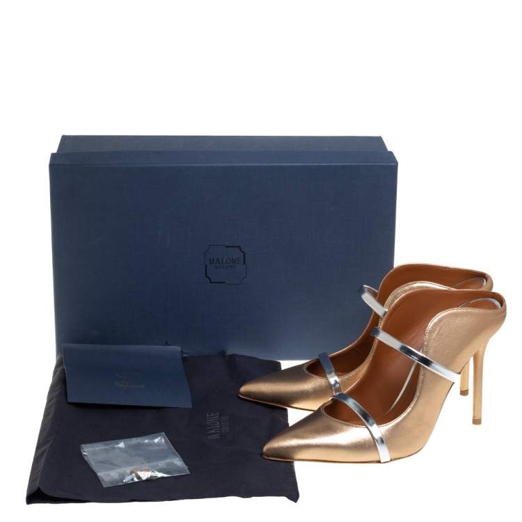 Pre Owned Malone Souliers Gold/Silver Leather Maureen Pointed Toe Mules Size 37