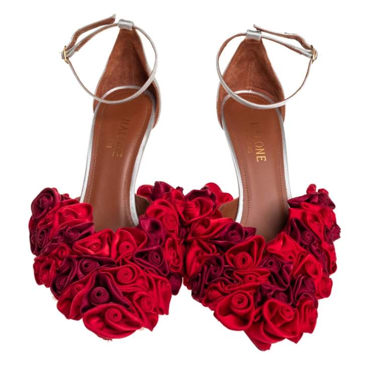 Pre Owned Malone Souliers Red/Grey Satin And Leather Floral Embellished Ankle Strap D'orsay Pumps Size 36