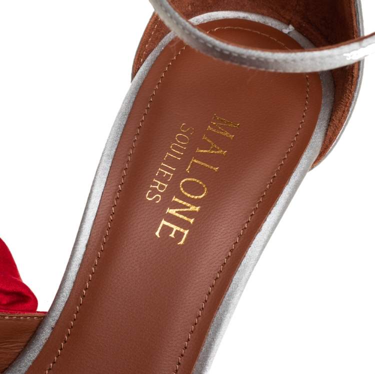 Pre Owned Malone Souliers Red/Grey Satin And Leather Floral Embellished Ankle Strap D'orsay Pumps Size 36