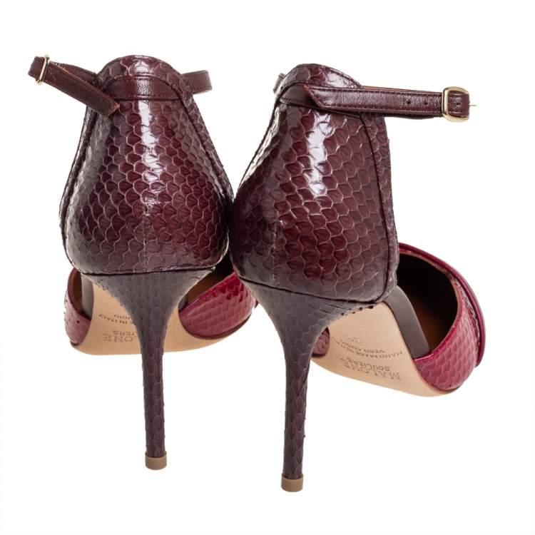 Pre Owned Malone Souliers Burgundy/Brown Python Ankle Strap Pumps Size 38