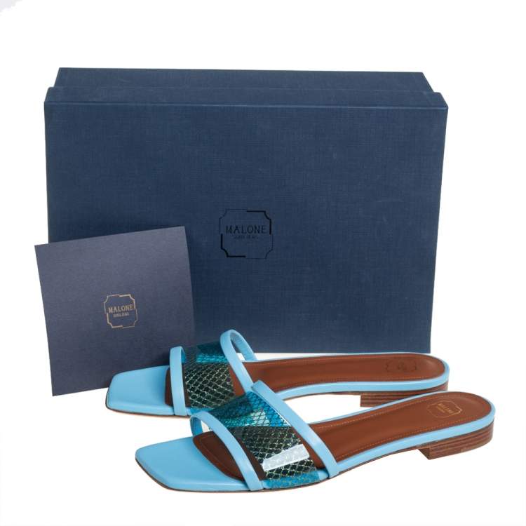 Pre Owned Malone Souliers Blue Leather And PVC Demi Flat Slides Size 37