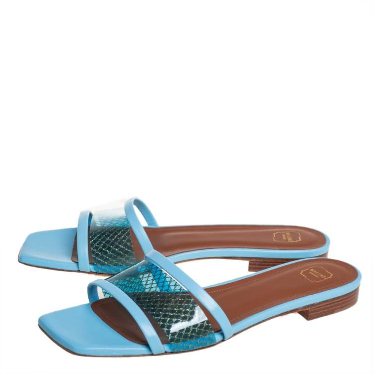 Pre Owned Malone Souliers Blue Leather And PVC Demi Flat Slides Size 37