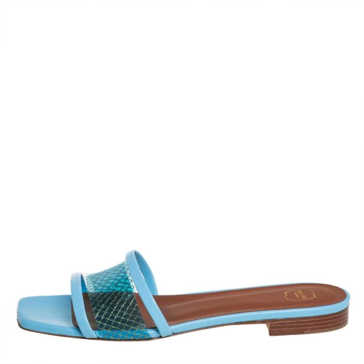 Pre Owned Malone Souliers Blue Leather And PVC Demi Flat Slides Size 37