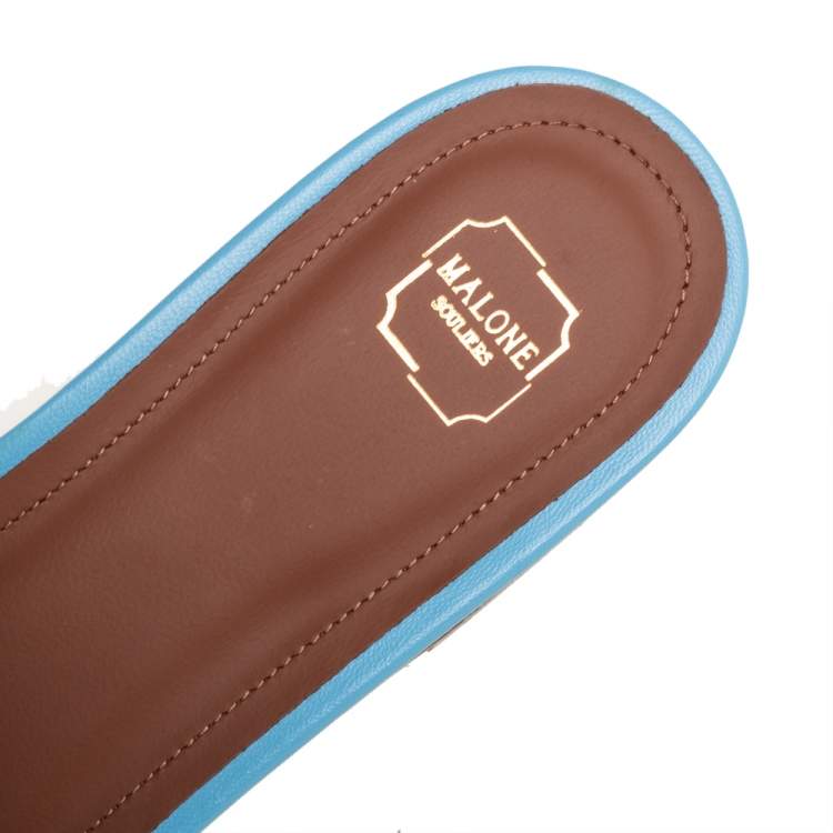 Pre Owned Malone Souliers Blue Leather And PVC Demi Flat Slides Size 37