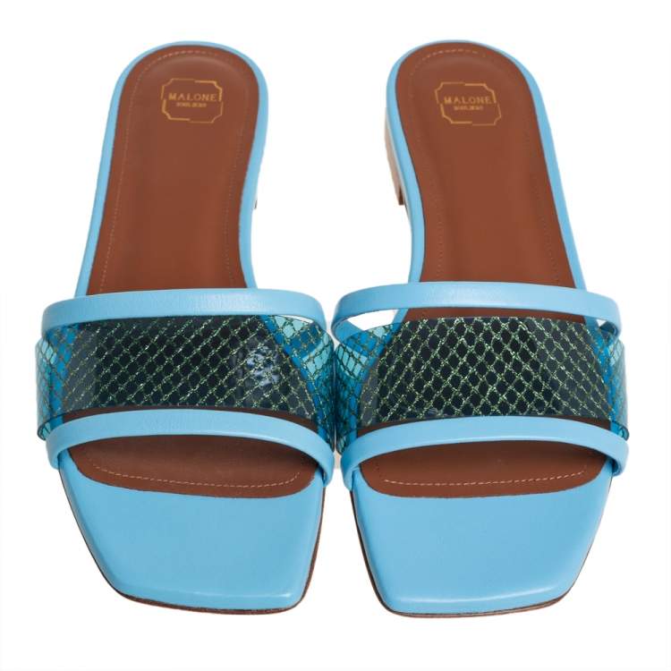 Pre Owned Malone Souliers Blue Leather And PVC Demi Flat Slides Size 37