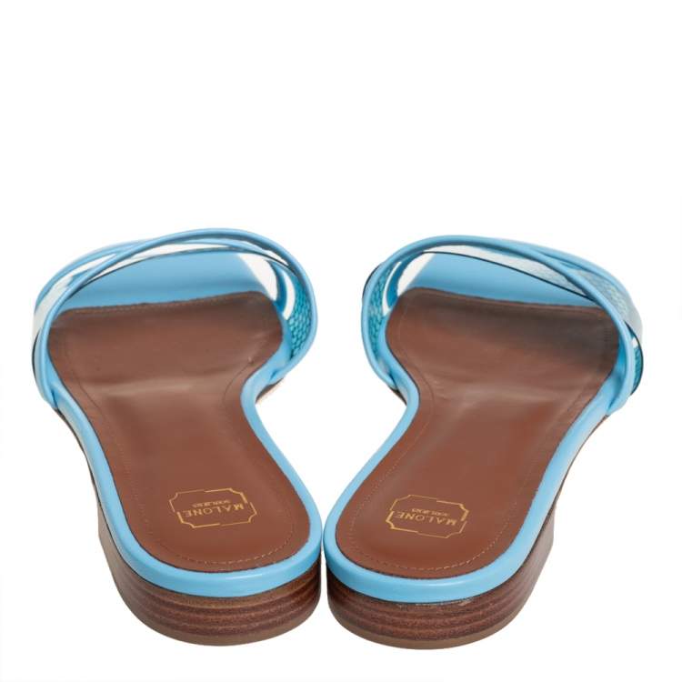Pre Owned Malone Souliers Blue Leather And PVC Demi Flat Slides Size 37