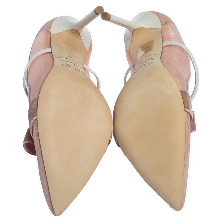 Pre Owned Malone Souliers By Roy Luwolt Pink Mesh And Velvet Marguerite Bow Mules Size 39
