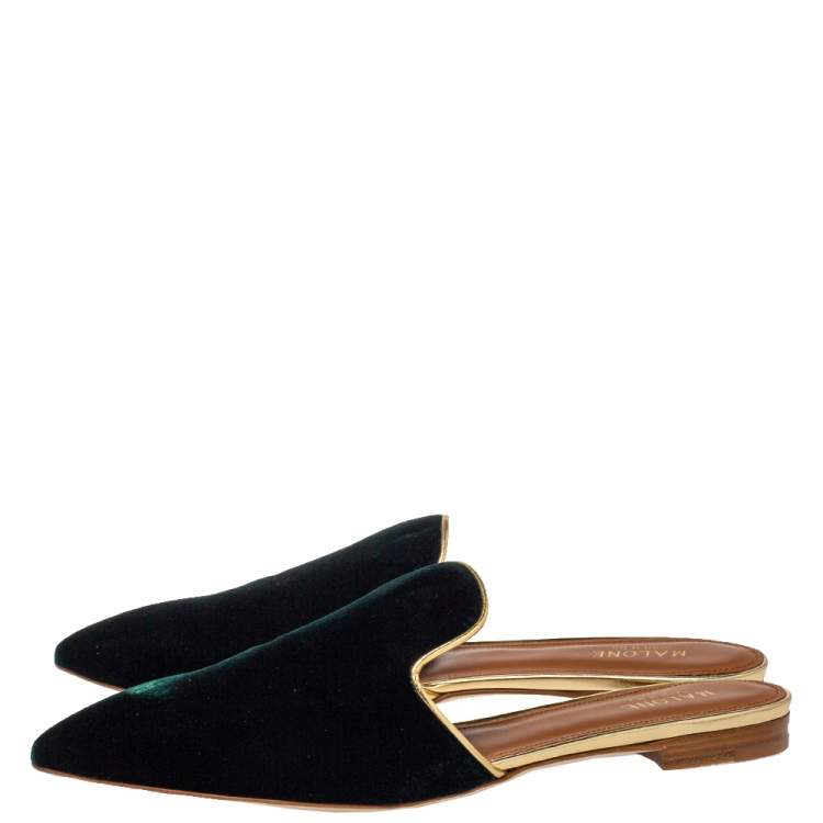 Pre Owned Malone Souliers Dark Green Velvet Pointed Toe Mule Flats Size 40