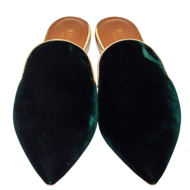 Pre Owned Malone Souliers Dark Green Velvet Pointed Toe Mule Flats Size 40
