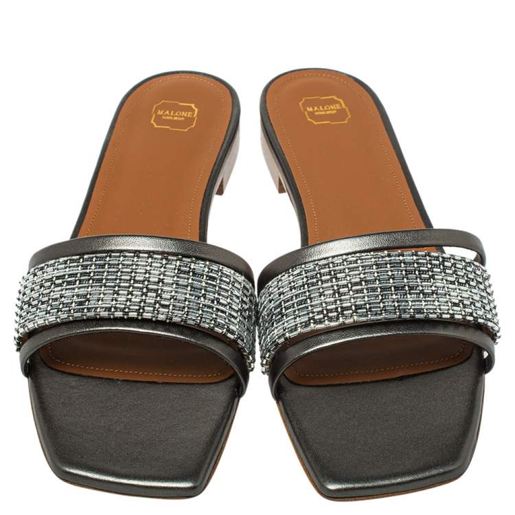 Pre Owned Malone Souliers Metallic Grey/Silver Leather And Fabric Demi Flat Slides Size 41