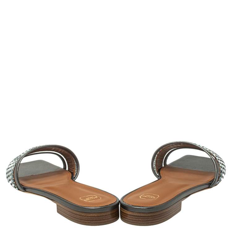 Pre Owned Malone Souliers Metallic Grey/Silver Leather And Fabric Demi Flat Slides Size 41