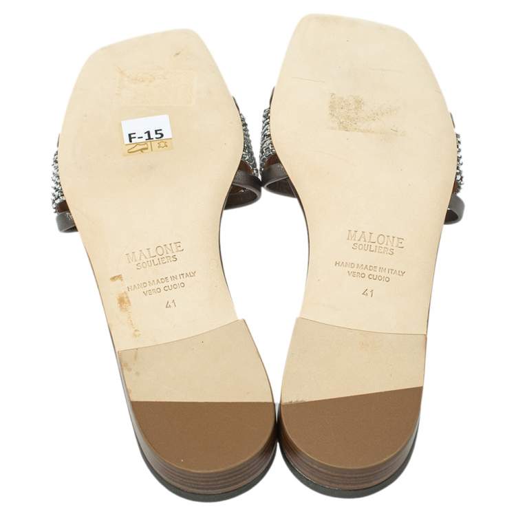 Pre Owned Malone Souliers Metallic Grey/Silver Leather And Fabric Demi Flat Slides Size 41