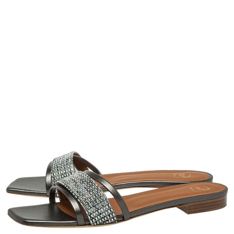 Pre Owned Malone Souliers Metallic Grey/Silver Leather And Fabric Demi Flat Slides Size 41