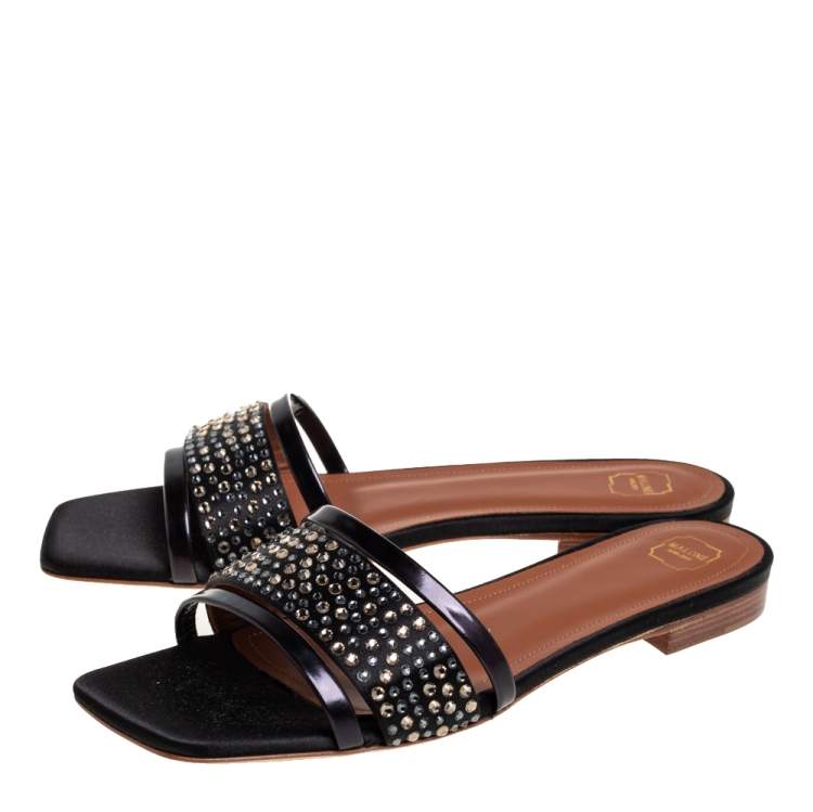 Pre Owned Malone Souliers Black Satin And Leather Crystal Embellished Sandals Size 36.5