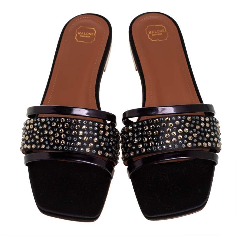 Pre Owned Malone Souliers Black Satin And Leather Crystal Embellished Sandals Size 36.5