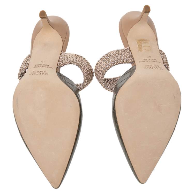 Pre Owned Malone Souliers Green Croc Embossed Leather And Cord Maisie Pointed Toe Mules Sandals Size 40