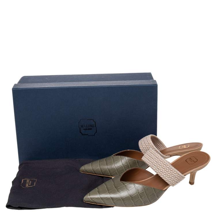 Pre Owned Malone Souliers Green Croc Embossed Leather And Cord Maisie Pointed Toe Mules Sandals Size 40