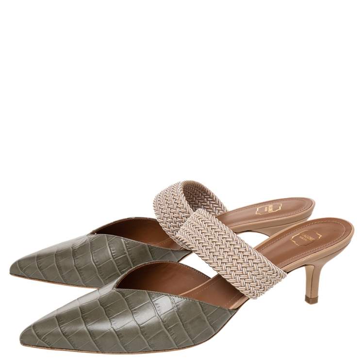 Pre Owned Malone Souliers Green Croc Embossed Leather And Cord Maisie Pointed Toe Mules Sandals Size 40