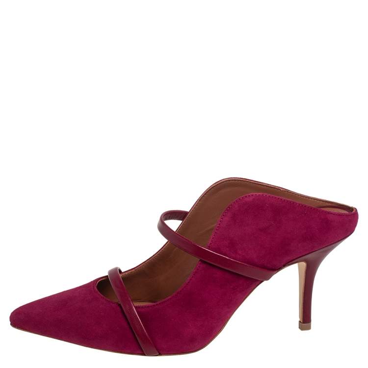 Pre Owned Malone Souliers Burgundy Suede and Leather Maureen Pointed Toe Mules Size 37.5