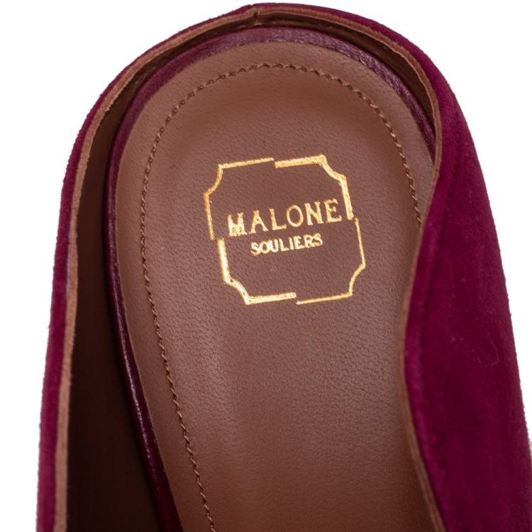 Pre Owned Malone Souliers Burgundy Suede and Leather Maureen Pointed Toe Mules Size 37.5
