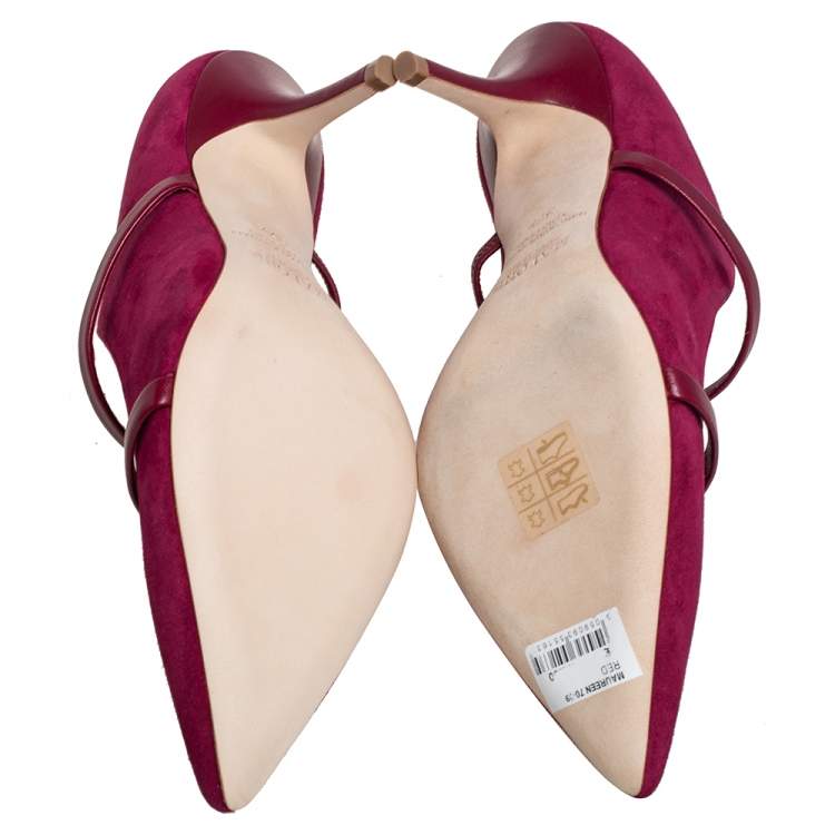 Pre Owned Malone Souliers Burgundy Suede and Leather Maureen Pointed Toe Mules Size 37.5