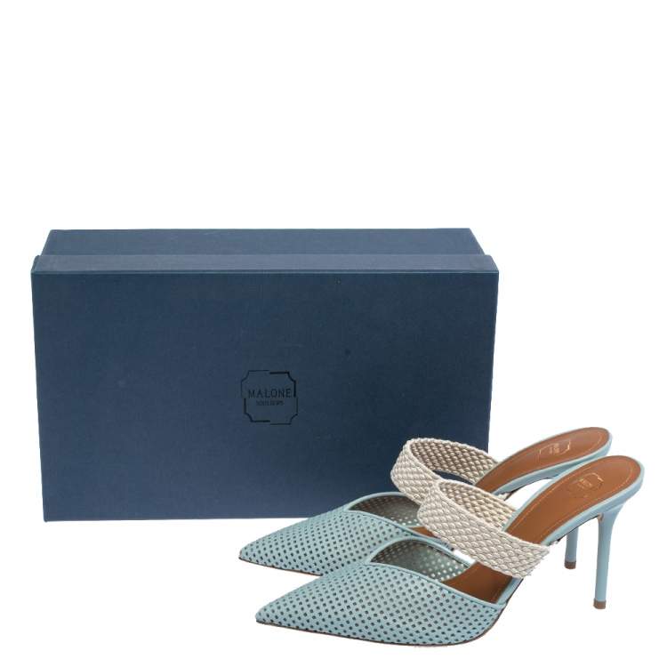 Pre Owned Malone Souliers Blue Perforated Leather and Canvas Maisie Pointed Toe Mules Size 40