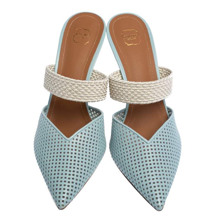 Pre Owned Malone Souliers Blue Perforated Leather and Canvas Maisie Pointed Toe Mules Size 40