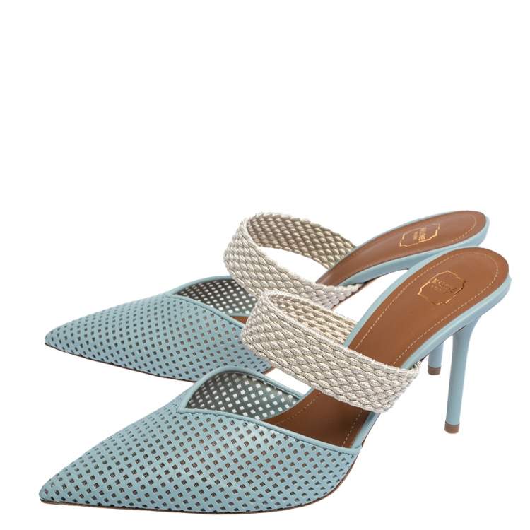 Pre Owned Malone Souliers Blue Perforated Leather and Canvas Maisie Pointed Toe Mules Size 40